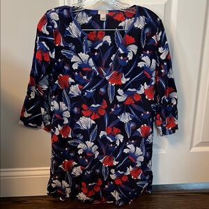 Floral V-Neck Top - Red, White, and Blue
